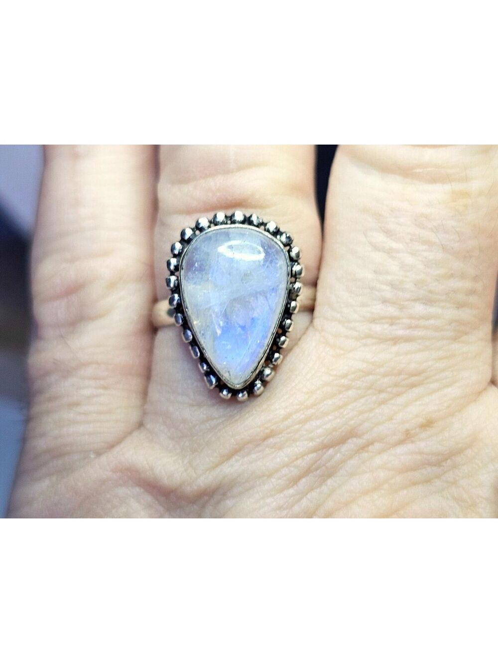 Stunning Flash Rainbow Moonstone Ring Silver tone Bezel Pear Size 5.5 Flash